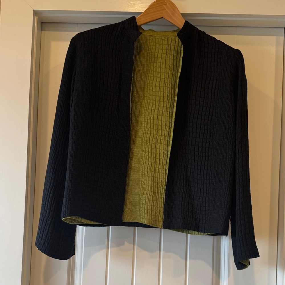 Black Textured Open Jacket with Green Lining